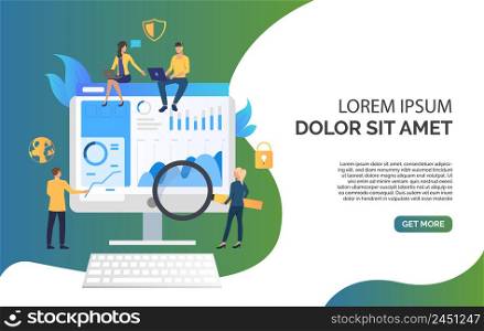 Business team and review on monitor vector illustration. Stock market, research, project. Marketing concept. Creative design for layouts, web pages, banners. Business team and review on monitor vector illustration