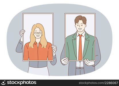 Business team and success concept. Business people woman and man partners standing together and holding smiling portraits over faces vector illustration . Business team and success concept