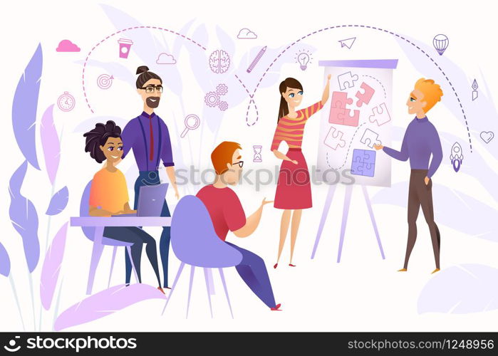 Business Team at Work Cartoon Vector Concept with Group of Young Business People Working Together at New Project, Brainstorming Ideas, Planing Strategy, Searching Problem Solution, Discussing Vision