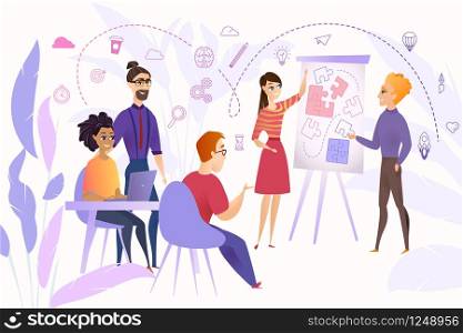 Business Team at Work Cartoon Vector Concept with Group of Young Business People Working Together at New Project, Brainstorming Ideas, Planing Strategy, Searching Problem Solution, Discussing Vision