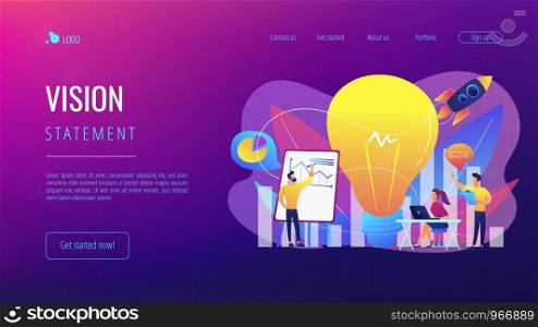 Business team brainstorm, lightbulb and rocket. Vision statement, business and company mission, business planning concept on white background. Website vibrant violet landing web page template.. Vision statement concept landing page.