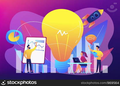 Business team brainstorm, lightbulb and rocket. Vision statement, business and company mission, business planning concept on ultraviolet background. Bright vibrant violet vector isolated illustration. Vision statement concept vector illustration.