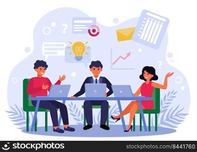 Business team brainstorming and discussing startup project isolated flat vector illustration. Cartoon businesspeople sitting at table and working with laptops. Company workflow and teamwork concept
