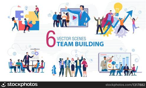 Business Team Building Trendy Flat Vector Concepts Set. Company Employees Team Working Together in Office, Conducting Strategy Planning Meeting, Watching Presentation, Reaching Success Illustration
