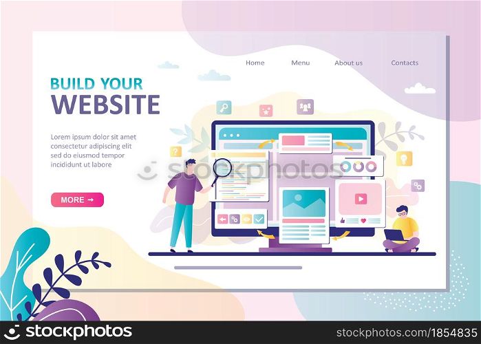 Business team builds and optimize website. Concept of construction and development webpage. Male character is coding or programming new site on laptop. Landing page template. Flat vector illustration. Business team builds and optimize website. Concept of construction and development webpage