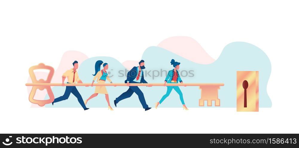 Business team carries huge key to keyhole. Metaphor is key to success. Leader leads team towards common goal concept. Flat vector illustration