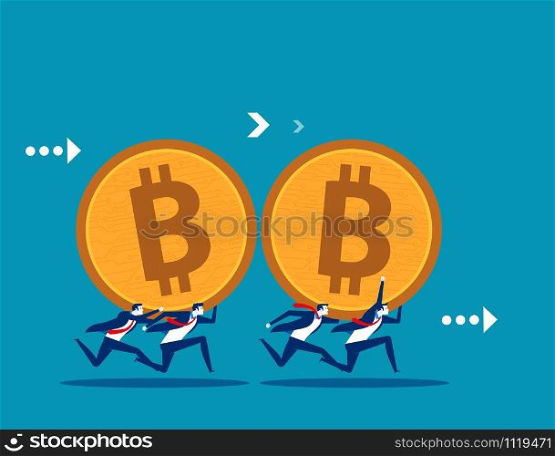 Business team carrying bitcoin. Concept business vector illustration. Technology currency.