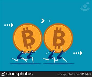 Business team carrying bitcoin. Concept business vector illustration. Technology currency.