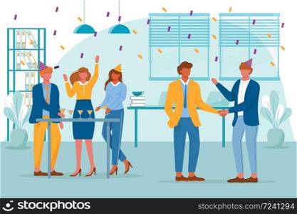 Business team celebrate birthday party flat vector illustration. Anniversary entertainment. Festive event with colleagues. Employees have together cocktails on office party cartoon characters