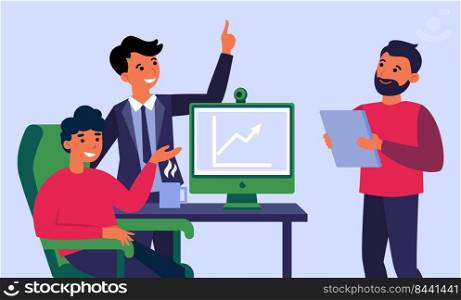Business team celebrating income growth. Employees presenting report with increase chart flat vector illustration. Business success, profit concept for banner, website design or landing web page
