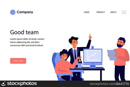 Business team celebrating income growth. Employees presenting report with increase chart flat vector illustration. Business success, profit concept for banner, website design or landing web page