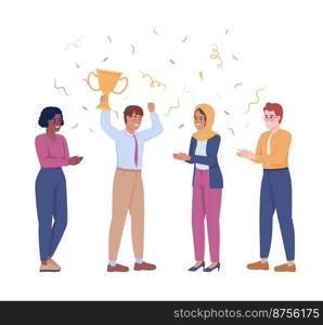 Business team celebrating victory semi flat color vector characters. Editable figures. Full body people on white. Award simple cartoon style illustration for web graphic design and animation. Business team celebrating victory semi flat color vector characters
