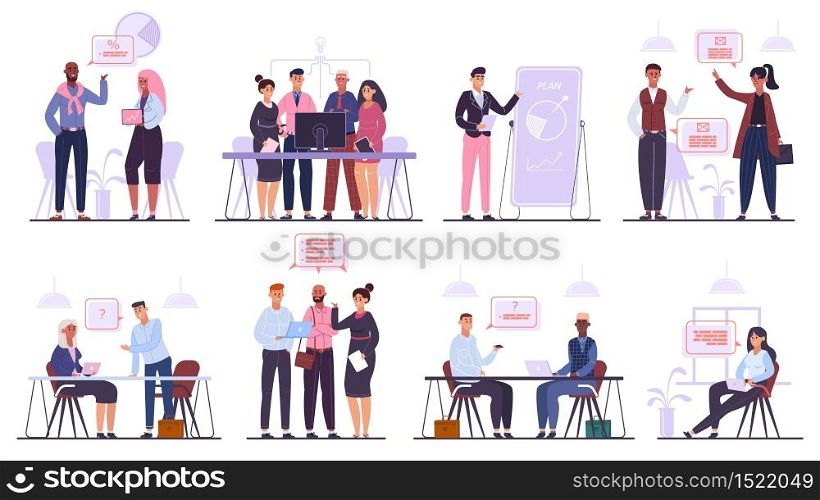 Business team characters. Teamwork business meeting and brainstorming, professional office people conference isolated vector illustration set. Professional teamwork, people business discussion. Business team characters. Teamwork business meeting and brainstorming, professional office people conference isolated vector illustration set