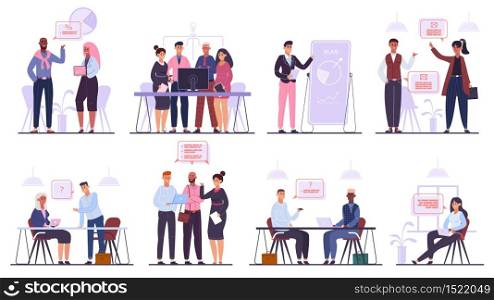 Business team characters. Teamwork business meeting and brainstorming, professional office people conference isolated vector illustration set. Professional teamwork, people business discussion. Business team characters. Teamwork business meeting and brainstorming, professional office people conference isolated vector illustration set