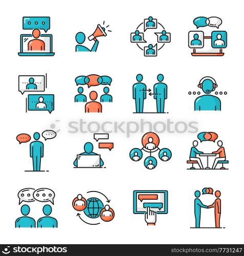 Business team, chat messenger, support communication and message, vector color line icons. Chatbots or help desk service and phone call talk, digital office and online business conference chats. Business team, chat messenger, communication icons