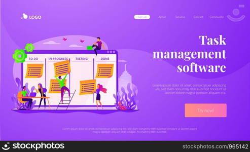 Business team, colleagues teamwork. Workflow organization, productivity growth. Task management, project managers tool, task management software concept. Website homepage header landing web page template.. Task management landing page template