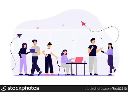 Business team communicating via social media flat vector illustration. People in office using mobile phones, laptops, tablets for networking and chatting. Digital technology and conversation concept