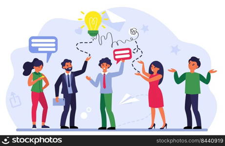 Business team communication. Businesspeople chatting, sending emails, discussing ideas flat vector illustration. Teamwork, work discussion concept for banner, website design or landing web page