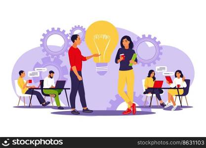 Business team discussing ideas for startup. Colleagues sharing thoughts. Brainstorm, skill and teamwork concept. Vector illustration. Flat