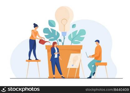 Business team discussing new ideas and innovations. Group of people growing lightbulb plant. Vector illustration for teamwork, ecology, innovation, growth, eco energy concept