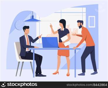 Business team discussing project. Employees arguing with boss vector illustration. Corporate communication concept for banner, website design or landing web page