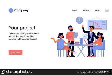 Business team discussing project. Office colleagues with gadgets meeting together and talking flat vector illustration. Cooperation, teamwork concept for banner, website design or landing web page