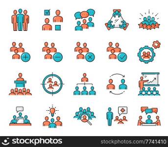 Business team. Discussion, management and brainstorm, meeting and recruitment outline vector icons. Groups of people, teamwork, human resource, partnership and organization, dispute, speech, debate. Business team icons, management and discussion