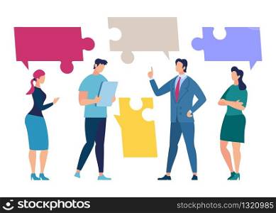 Business Team Discussion, Partners Negotiation Flat Vector Concept with People with Different Thoughts or Positions in Form of Colorful Puzzles Standing Together and Discussing Problem Illustration
