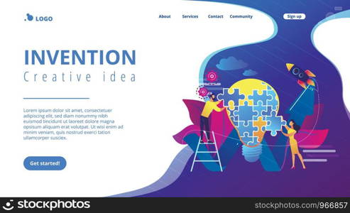 Business team doing lightbulb from jigsaw puzzle and rising arrow. Creative idea and insight, notion, invention concept on white background. Website vibrant violet landing web page template.. Creative idea concept landing page.
