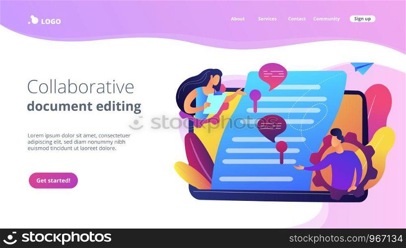 Business team editing shared document on laptop online. Shared document, shared folder access, collaborative document editing concept. Website vibrant violet landing web page template.. Shared document concept landing page.