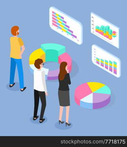 Business team faces voluminous pie chart diagram, percentage round cylindrical graph. Isometric line bar charts, 3d colorful Euclidean cubic chart. People study statistics. Financial investment growth. Businessmen are studying financial bar and pie chart data. Isometric image isolated on blue