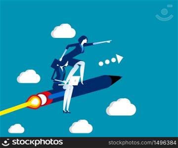 Business team flying on pen. Concept business vector, Teamwork, Working, Successful.
