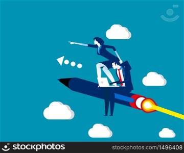Business team flying on pen. Concept business vector, Teamwork, Working, Successful.