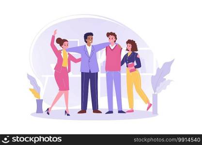 Business team, friendship, collaboration, partnership concept. Cooperation of businessmen women partners friends. Group of people clerks managers coworkers hugging in office together illustration.. Business team, friendship, collaboration, partnership concept.