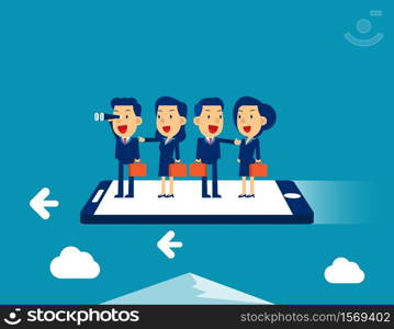 Business team fying on smarthphone. Concept business vector illustratoin, Meeting, Teamwork.