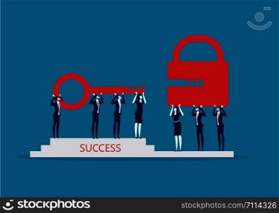 Business team hold gold key to unlock lock. Success solution. Collective achievement. on blue background Vector illustration flat design.