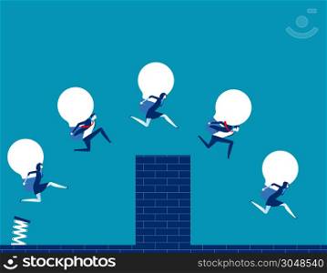 Business team holding bulb and jump over the wall. Concept business vector illustration.