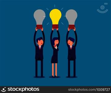 Business team holding idea light bulbs above his head. Concept business creative ideas vector illustration.