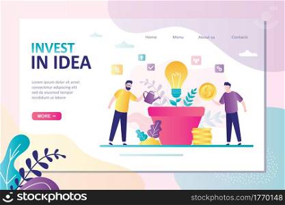 Business team investing in common idea. Tiny businesspeople grow an new idea. Innovative Investment Landing Page. Each contributes development project. Site template. Trendy flat vector illustration. Business team investing in common idea. Tiny businesspeople grow an new idea. Innovative Investment Landing Page.