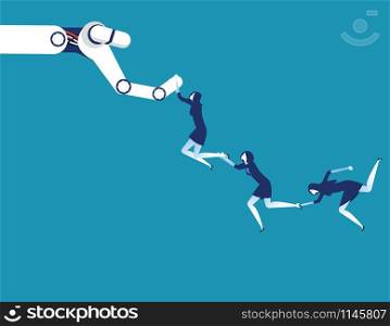 Business team jumping and hold the robot hand. Concept business technology vector illustration.