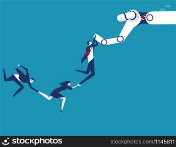 Business team jumping and hold the robot hand. Concept business technology vector illustration.