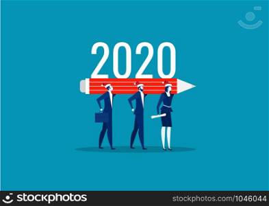 business team lift big pencil with 2020 ,New year vector illustration.