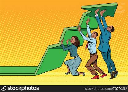 Business team lift up growth chart. Pop art retro vector illustration. The joint work. Success rate. African American people. Business team lift up growth chart, African American people