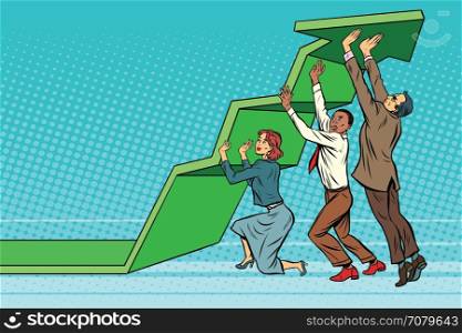 Business team lift up growth chart. Pop art retro vector illustration. The joint work. Success rate. Multi ethnic group of people. Business team lift up growth chart