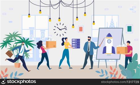 Business Team Man and Woman Characters with Male Leader Chief Working on Startup Project in Office. Entrepreneurs Analysis New Company Growth and Success. Idea, Planning, Strategy. Vector Illustration. Cartoon Business Team Working on Startup Project