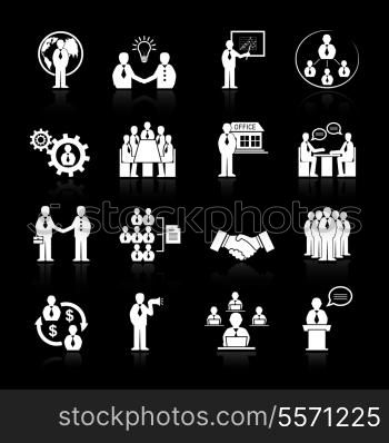 Business team meeting at office conference presentation icons set isolated vector illustration