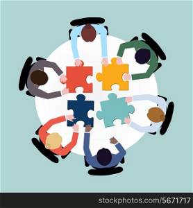 Business team meeting brainstorming concept top view group people on table with puzzle vector illustration