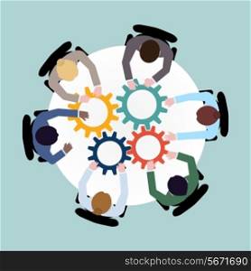 Business team meeting cooperation concept top view group people on table with cogwheels vector illustration