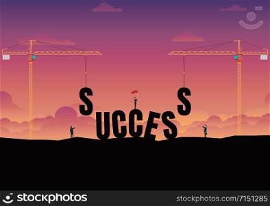 Business team of success. Construction site crane building business text. Idea, Concept, Silhouette, Vector illustration design