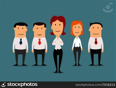 Business team of successful managers, headed by confident business woman. Business concept for teamwork, office staff, human resources, leadership and career opportunities theme design. Business team of office clerks with boss